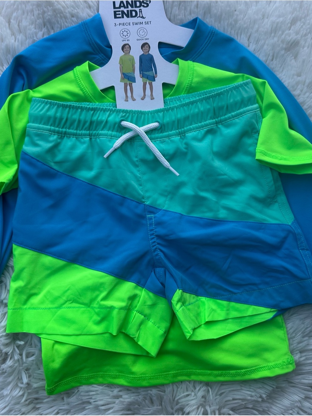 New Lands' End Boys' Colorblock Swim Set - Aqua, Blue & Neon Green size 3T